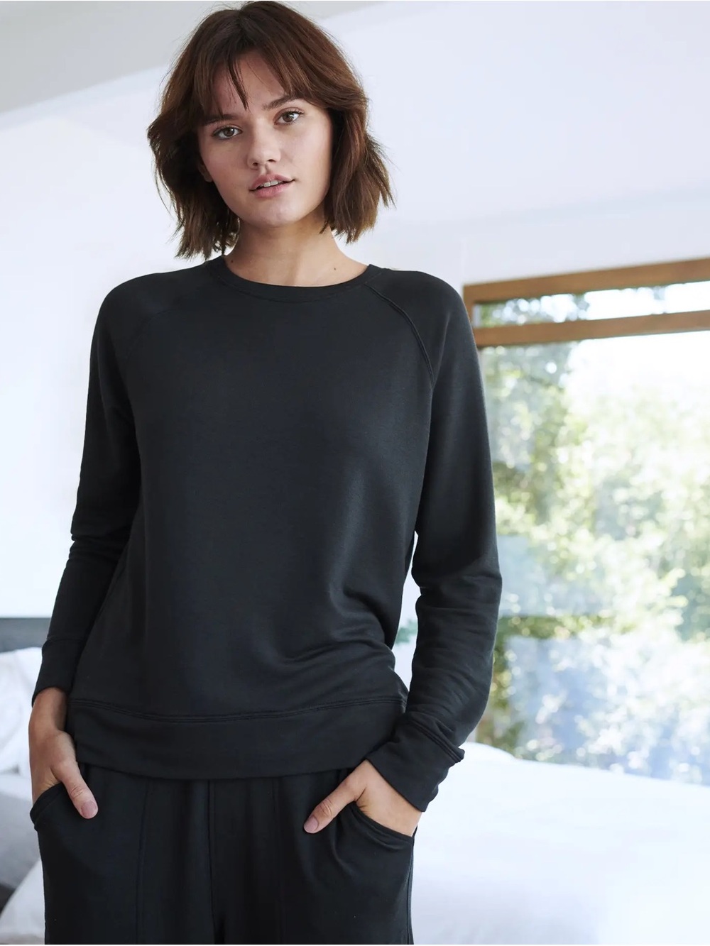 Quince Supersoft Fleece Crew Black Crewneck Sweatshirt S